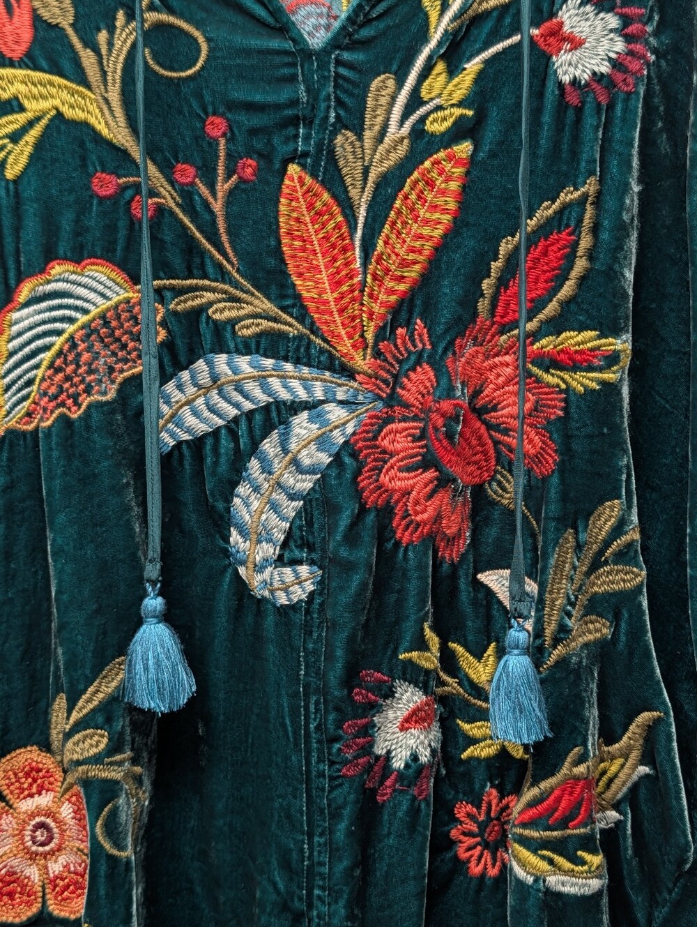 Johnny Was Isabella Silk Teal Velvet Embroidered Peasant Tunic Size XS NWOT - Picture 3 of 9